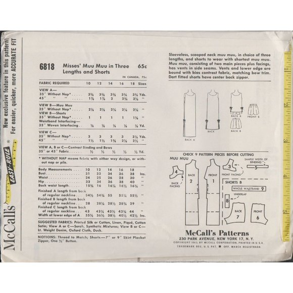 McCall's 6818 1960s Muu Muu Swim Cover Up & Shorts Pattern Bust 34 Uncut - Picture 2 of 3